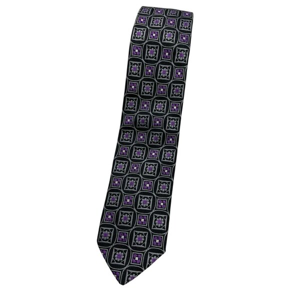 7 DOWNIE ST Men's 100% Silk Necktie LUXURY Tie Black Purple Geometric W:2.8" EUC